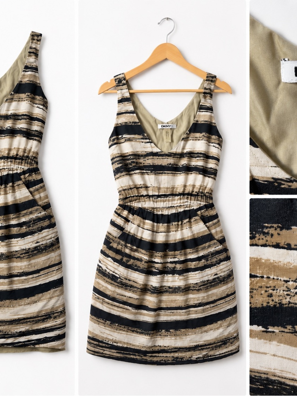 DKNY Striped Sleeveless V-Neck Mini Dress in Black and Beige